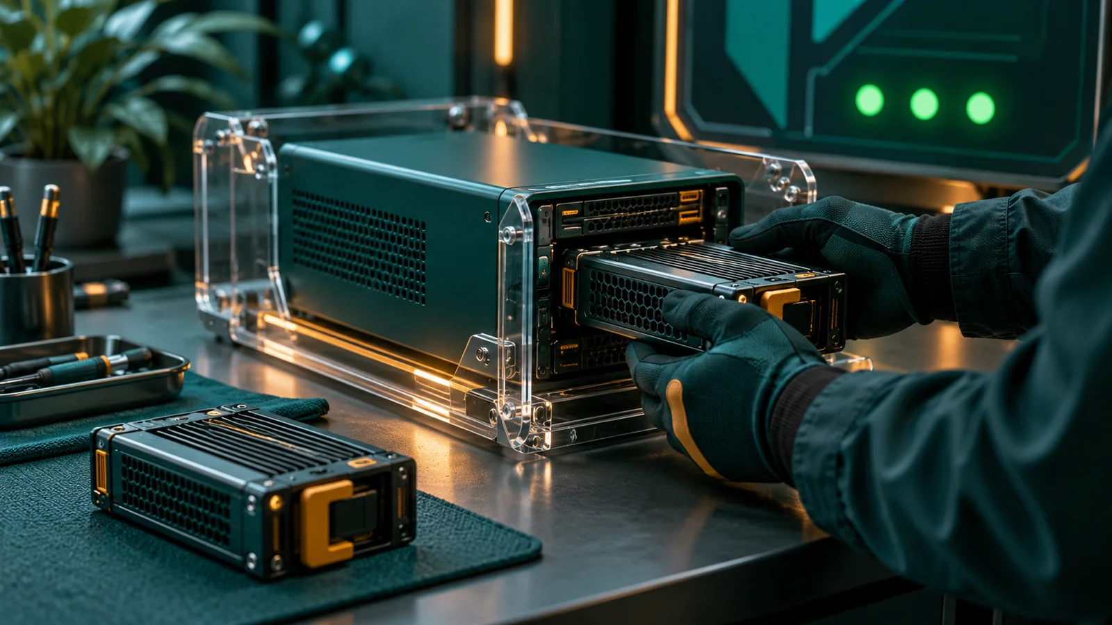 Teknisi memperbarui server Linux dengan modul terlepas dan lampu indikator hijau setelah restart aman.