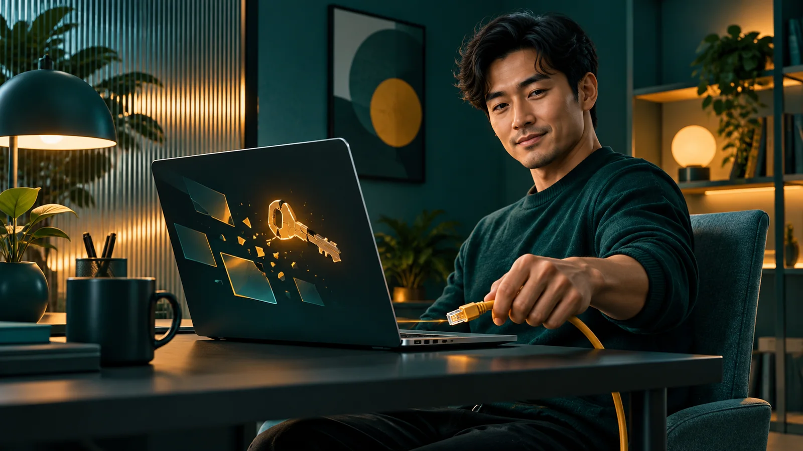 Pengembang sengaja mencabut kabel jaringan laptop untuk menguji fitur yang dibuat.