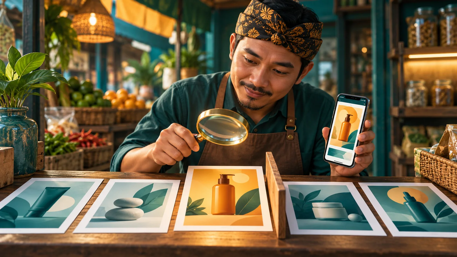 Pemilik warung memeriksa variasi visual iklan di ponsel dan kertas dengan kaca pembesar.