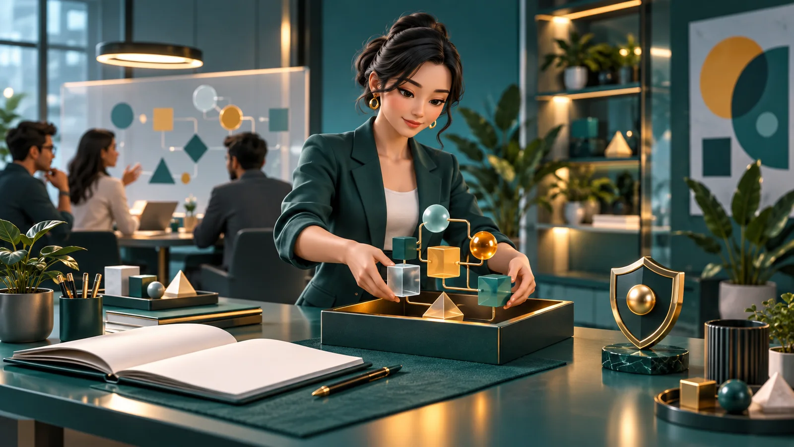 Trainer AI korporat menunjukkan model workflow selesai bersama portofolio, alat praktik, dan simbol tata kelola di meja evaluasi.