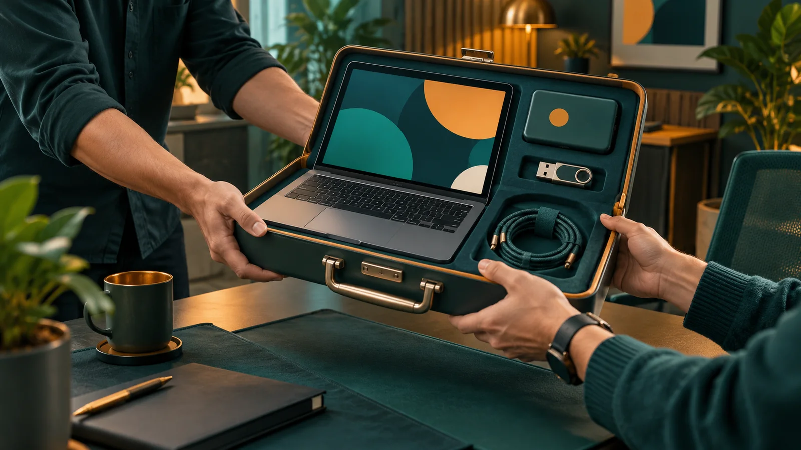 Tangan menyerahkan kit operasional berisi laptop, drive cadangan, kunci keamanan, dan kabel untuk serah terima software.