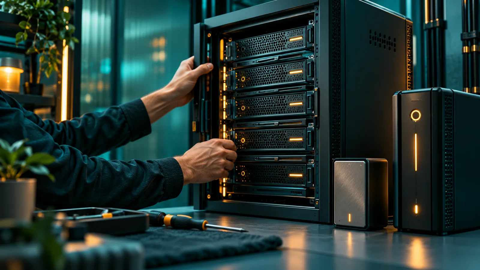 Teknisi menyiapkan server dengan drive cadangan dan UPS sebelum sistem digunakan.