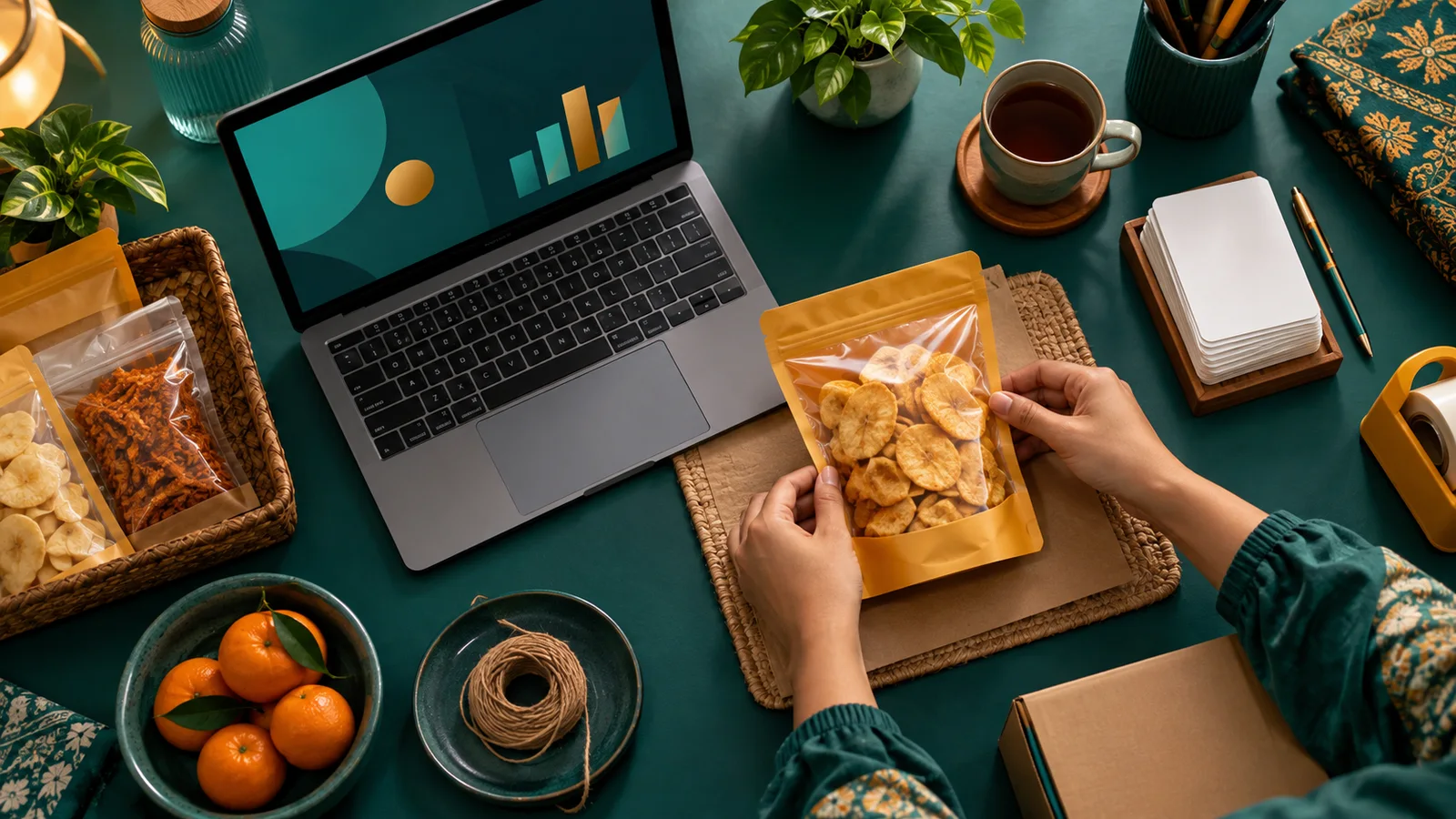 Tangan menyiapkan produk, slip pesanan kosong, dan laptop berisi bentuk data abstrak untuk pelatihan AI SEO.