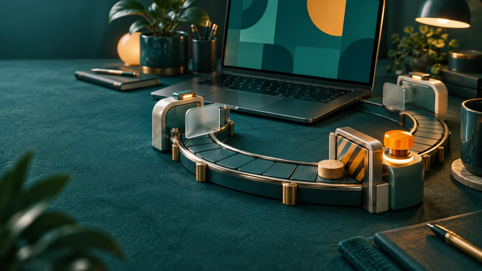 Laptop dengan jalur lingkaran berpagar dan tombol berhenti, menggambarkan otomasi coding yang berjalan dalam batas aman.