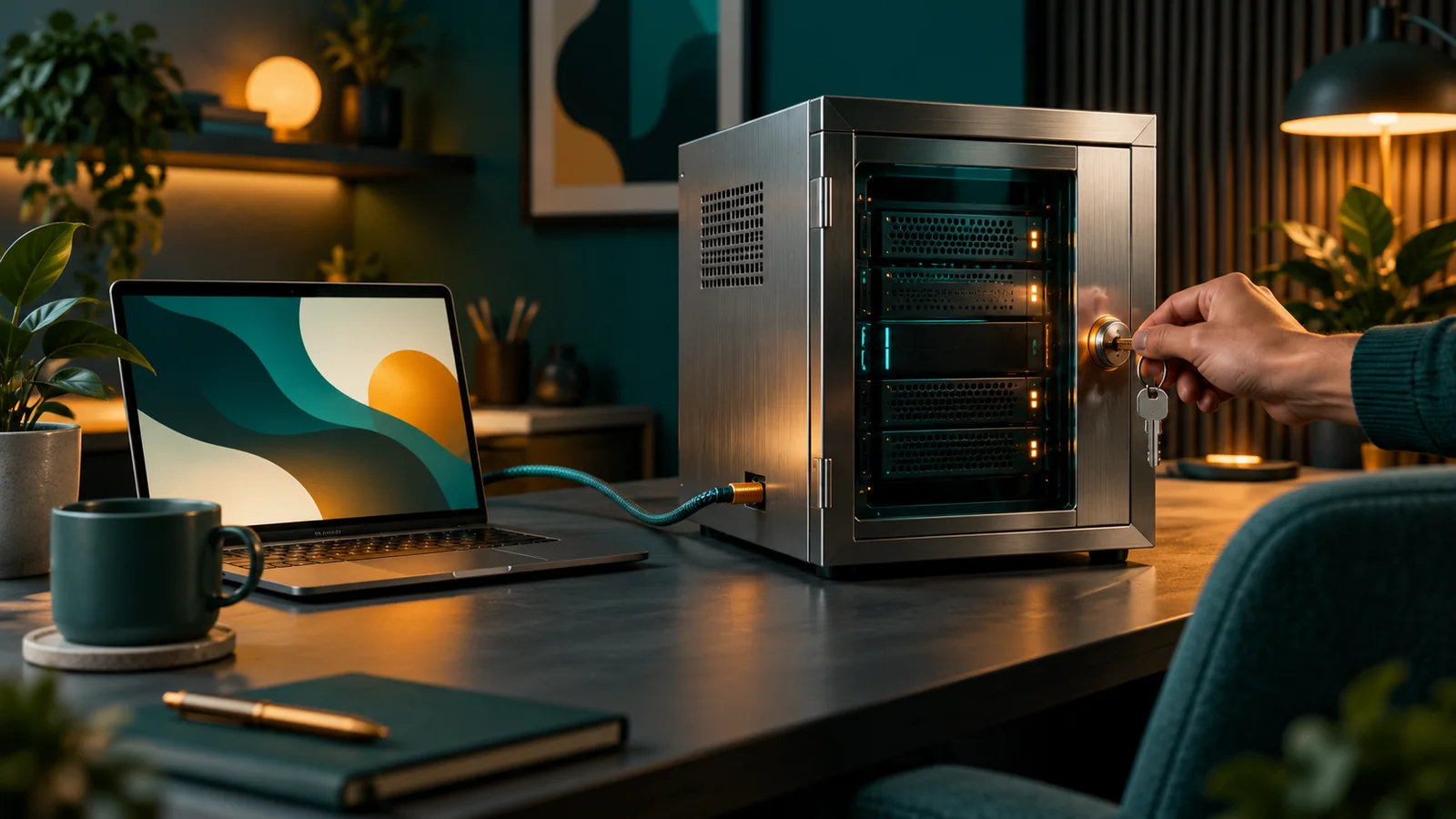 Tangan mengunci mini server lokal di kabinet baja, terhubung ke laptop melalui kabel dalam ruang kerja rumah.