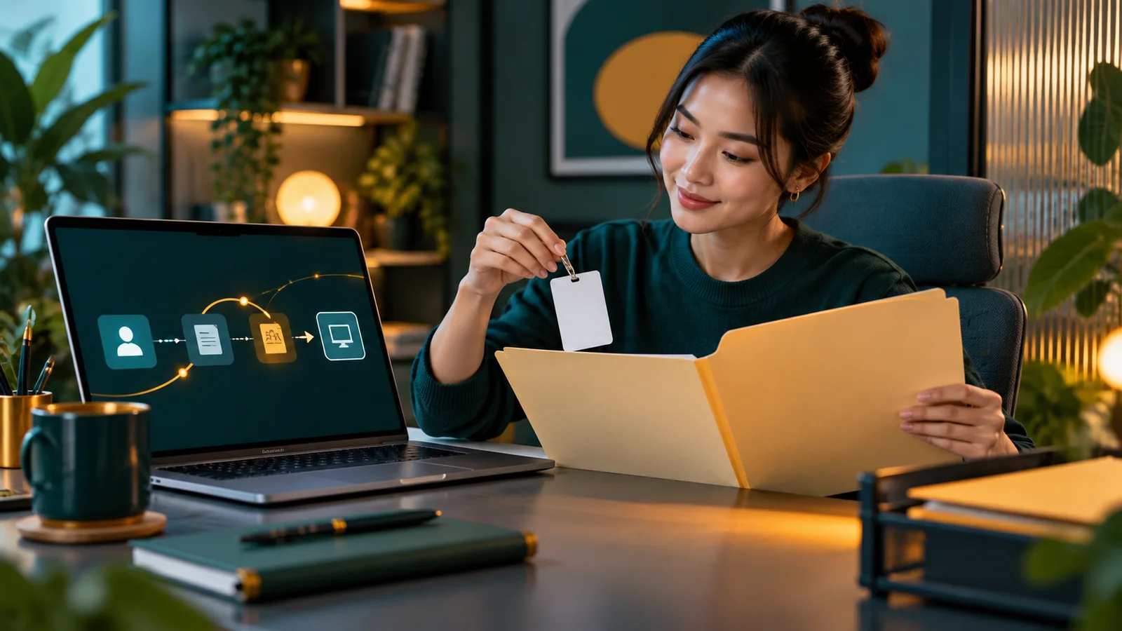 Staf HR Indonesia menyusun alur onboarding karyawan dari berkas hingga kartu akses di samping laptop.