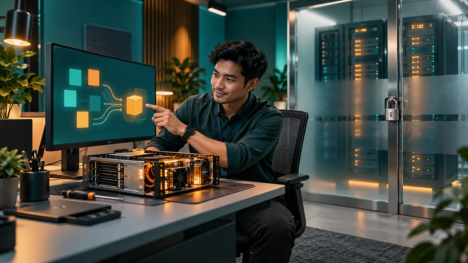 Teknisi IT menguji perbaikan pada server sandbox sementara server produksi terkunci dan terlindungi.