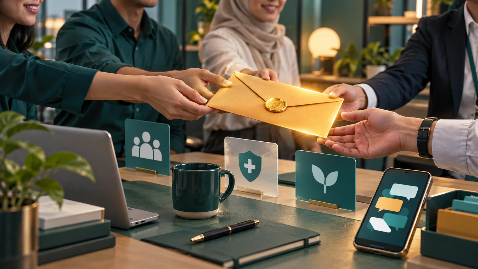 Amplop payroll diteruskan antarpegawai melalui alur kerja meja kantor dengan kartu manfaat dan ponsel tanpa tulisan.
