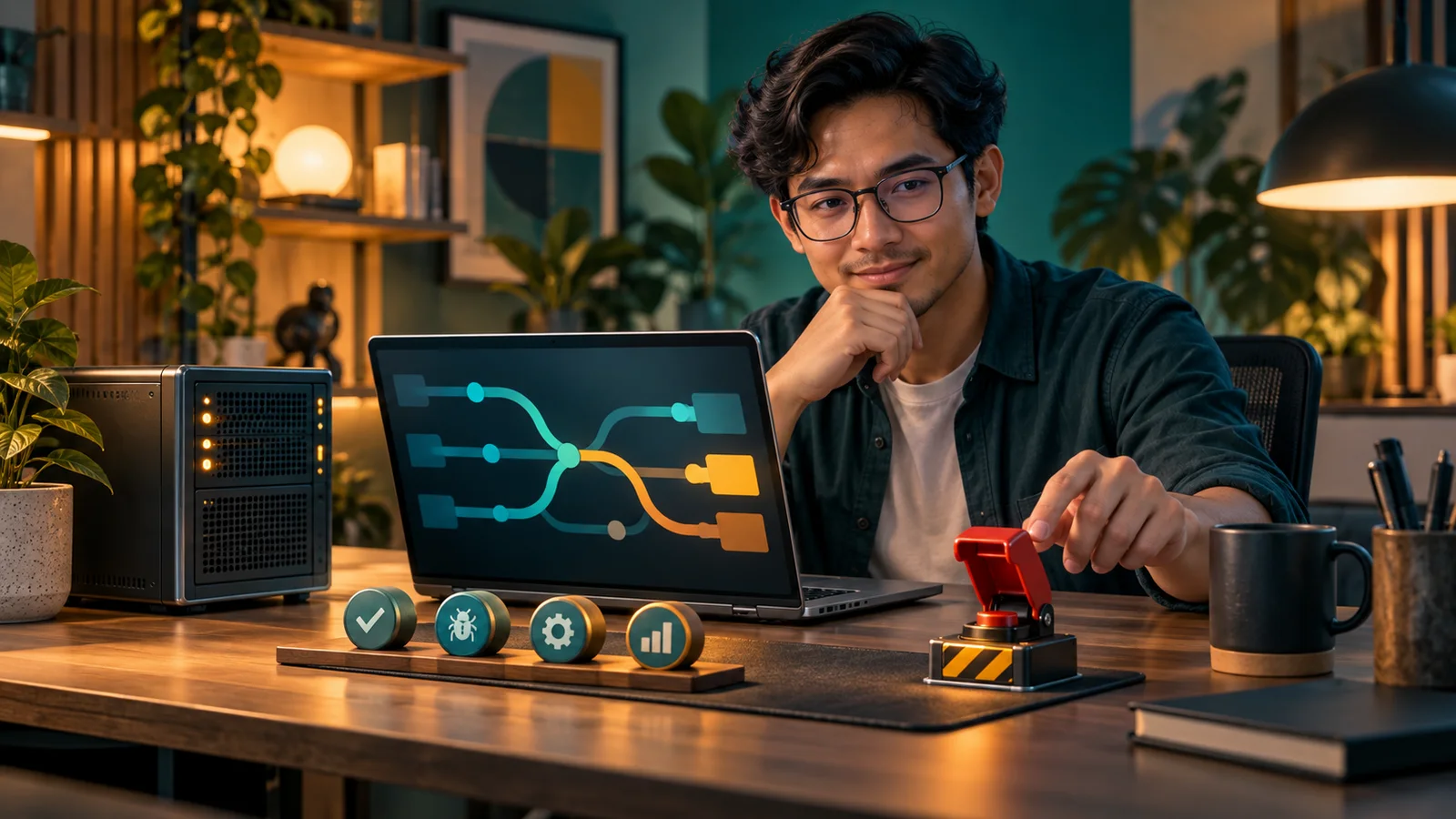 Insinyur meninjau kode di laptop, dengan token pengujian dan sakelar deployment terlindungi.
