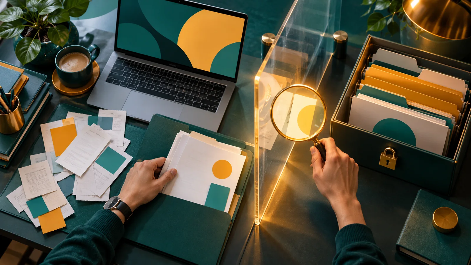 Tangan memeriksa berkas pajak abstrak sebelum dipindahkan ke folder pelaporan digital yang aman