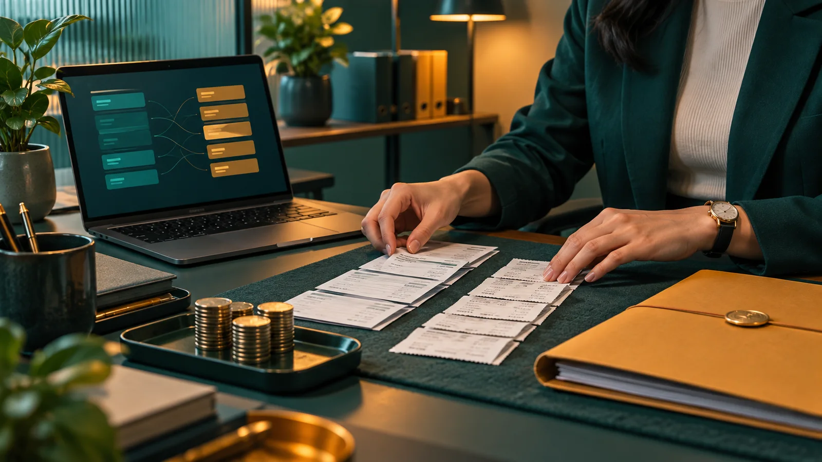 Tangan analis menyelaraskan bukti transaksi bank di samping laptop dan folder persetujuan.