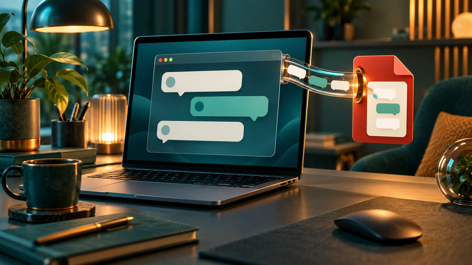 Laptop menampilkan gelembung chat abstrak yang disedot ekstensi dokumen merah ke lembar kosong.