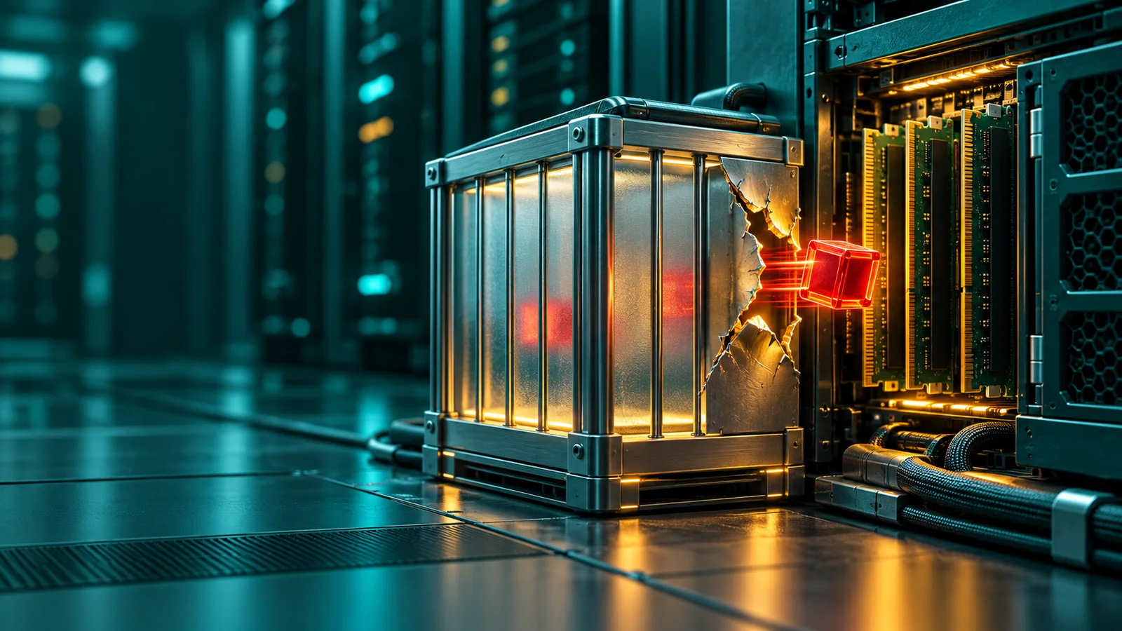 Paket data merah lolos dari kandang mesin virtual menuju memori server di ruang server.