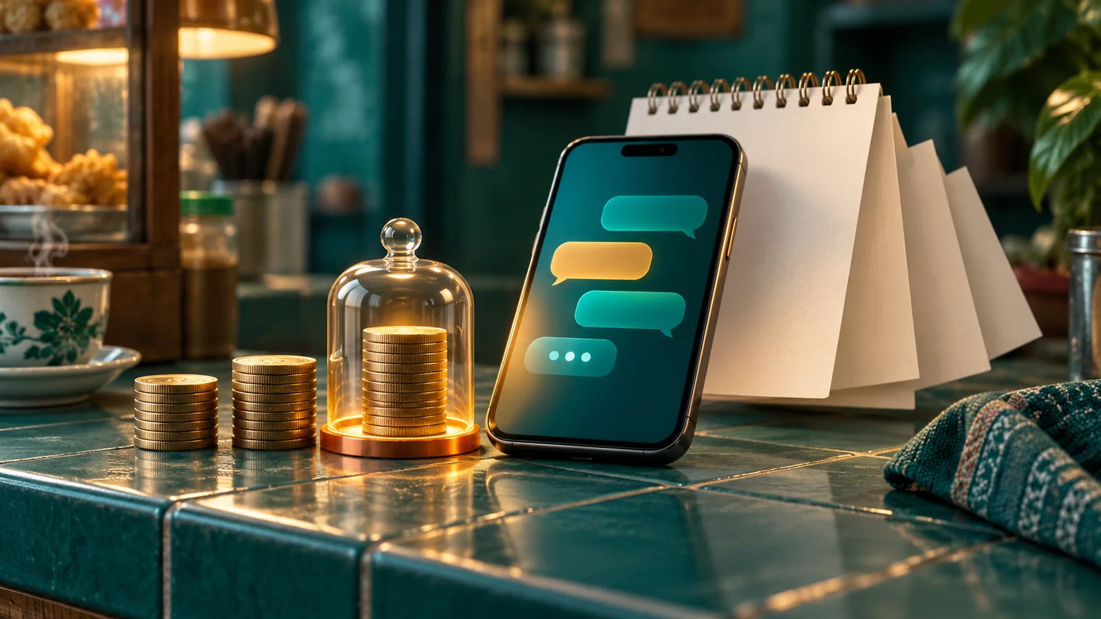 Smartphone with abstract chat bubbles, three coin stacks, and blank calendar pages on an Indonesian warung counter