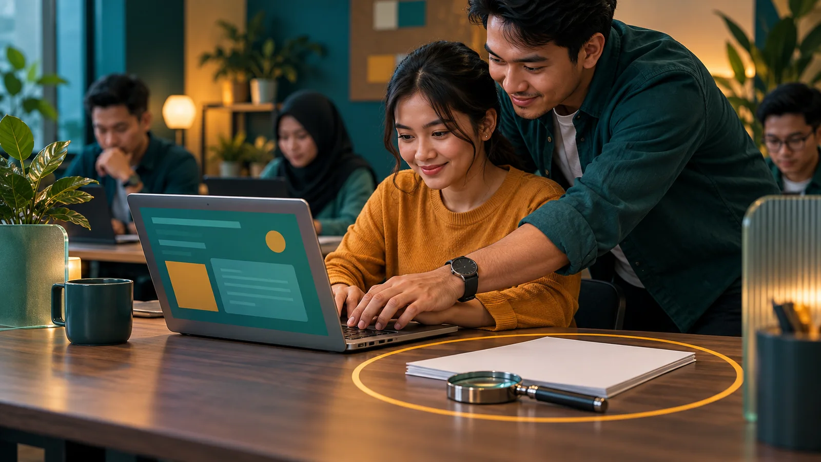 Pelatih SEO membimbing praktik langsung dengan bukti kerja, kaca pembesar, dan batas klaim yang jelas di ruang kelas Indonesia.