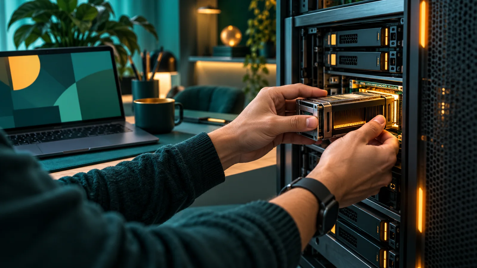 Tangan teknisi memasang modul sirkuit ke slot kosong pada server di ruang kerja kecil.