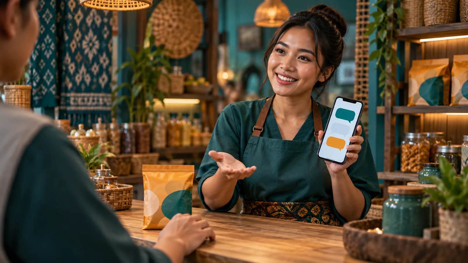 Pedagang warung menyiapkan balasan chat abstrak sambil mendengarkan pelanggan yang ragu.