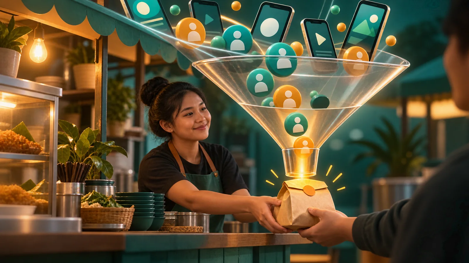 Funnel transparan di warung menyaring calon pelanggan hingga menjadi pesanan siap diterima.