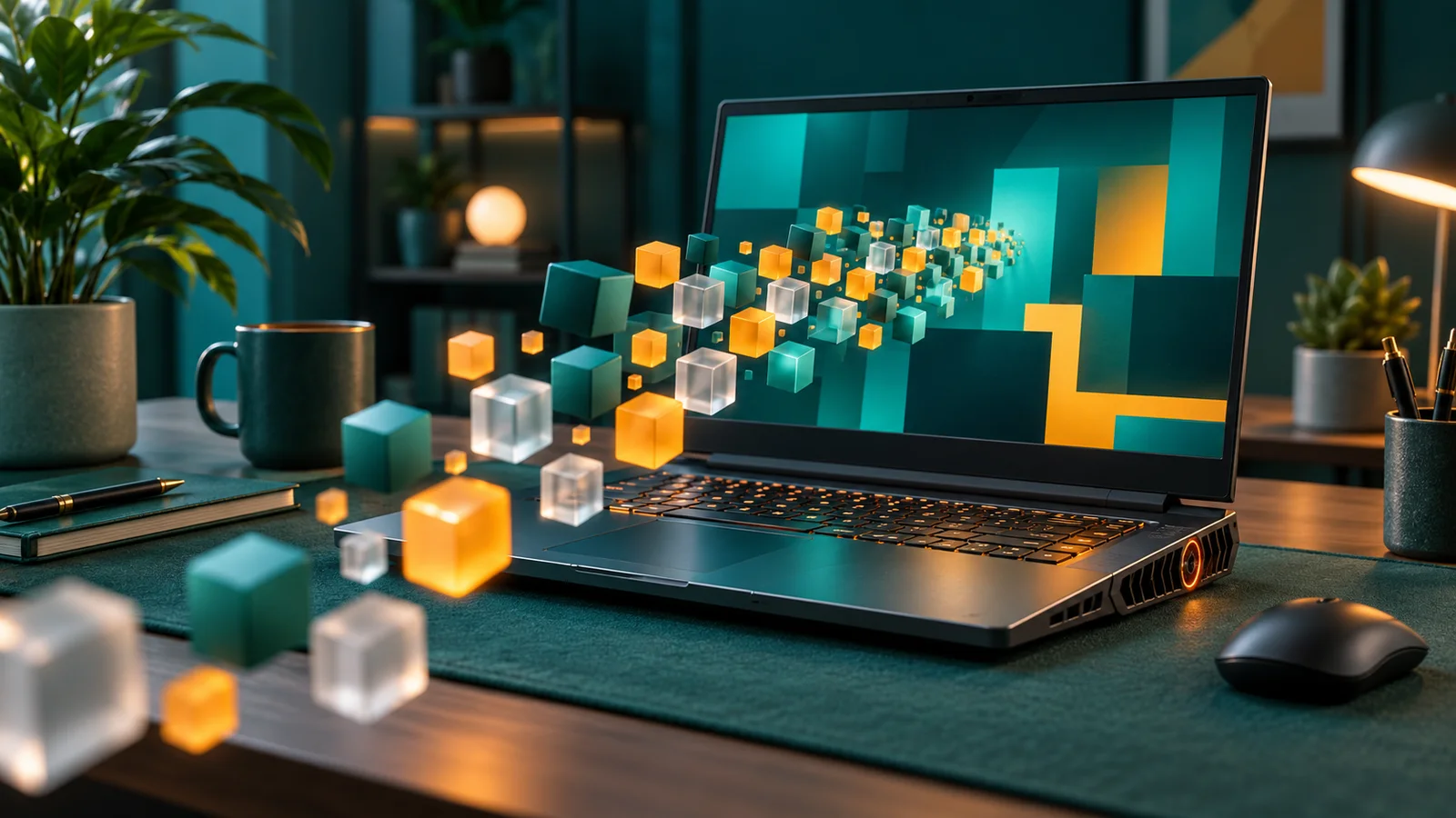 Laptop gaming menjalankan model AI lokal, dengan kubus abstrak menggambarkan token yang diproses.