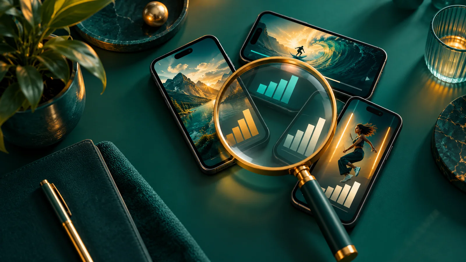 Tiga ponsel dengan grafik abstrak diperiksa kaca pembesar, melambangkan analisis kanal sosial di Google Search beserta batasannya.