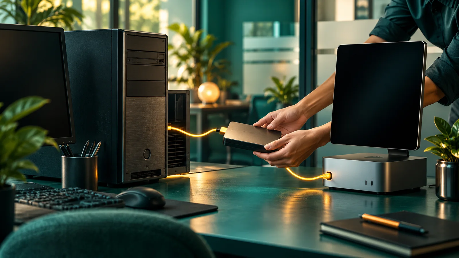 Hands move an external drive from an old computer to a new one on an office desk.