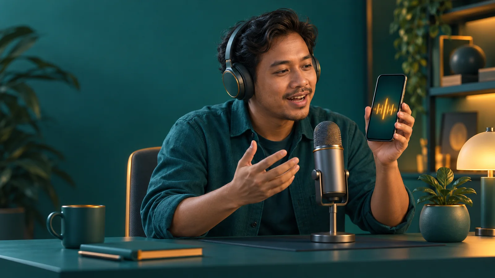 Pemilik usaha kecil di Indonesia menguji asisten suara lewat ponsel, headset, dan mikrofon di meja kerja.