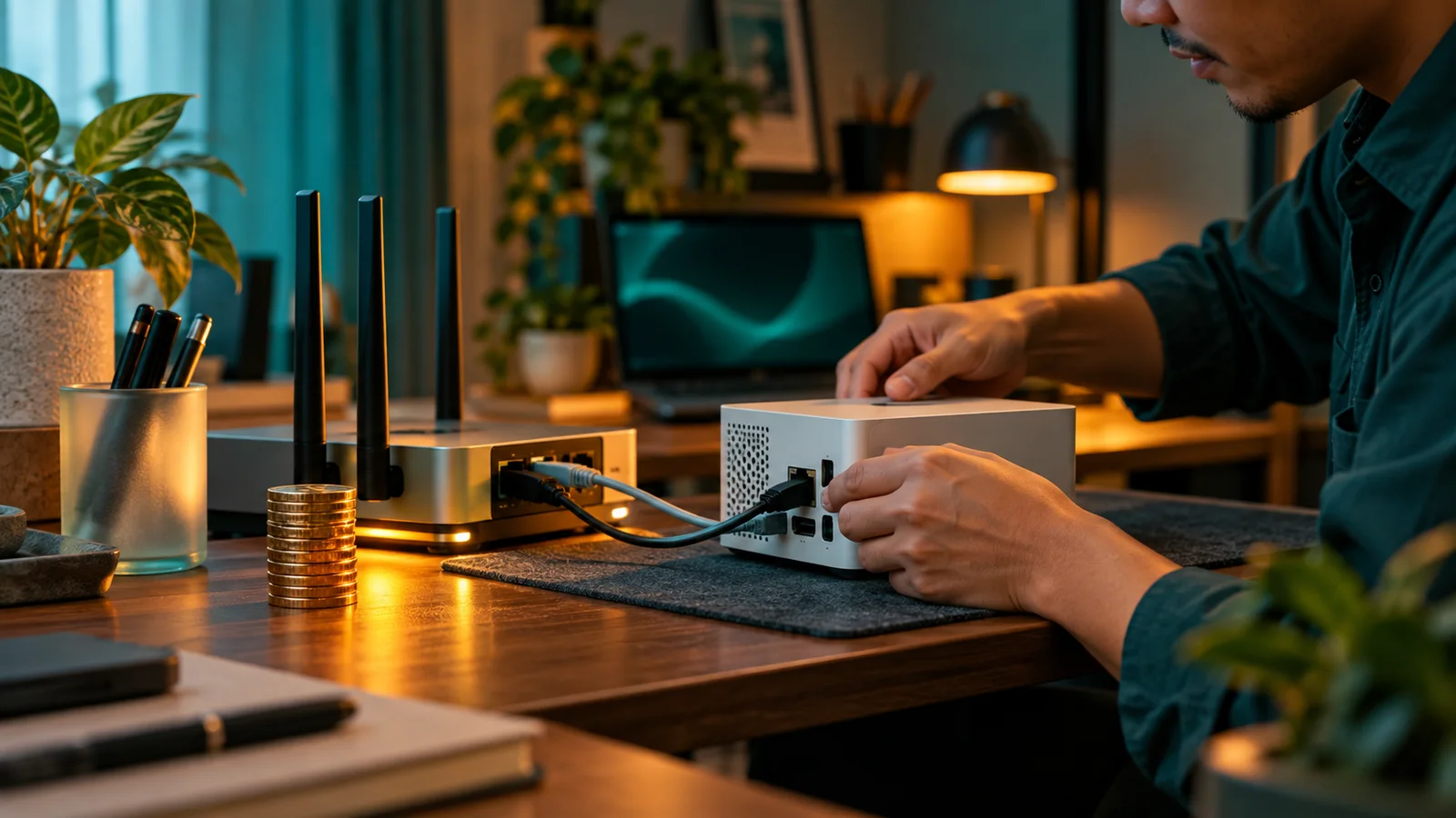 Teknisi memasang komputer mini ke router dengan tumpukan koin di meja kantor rumah sederhana.
