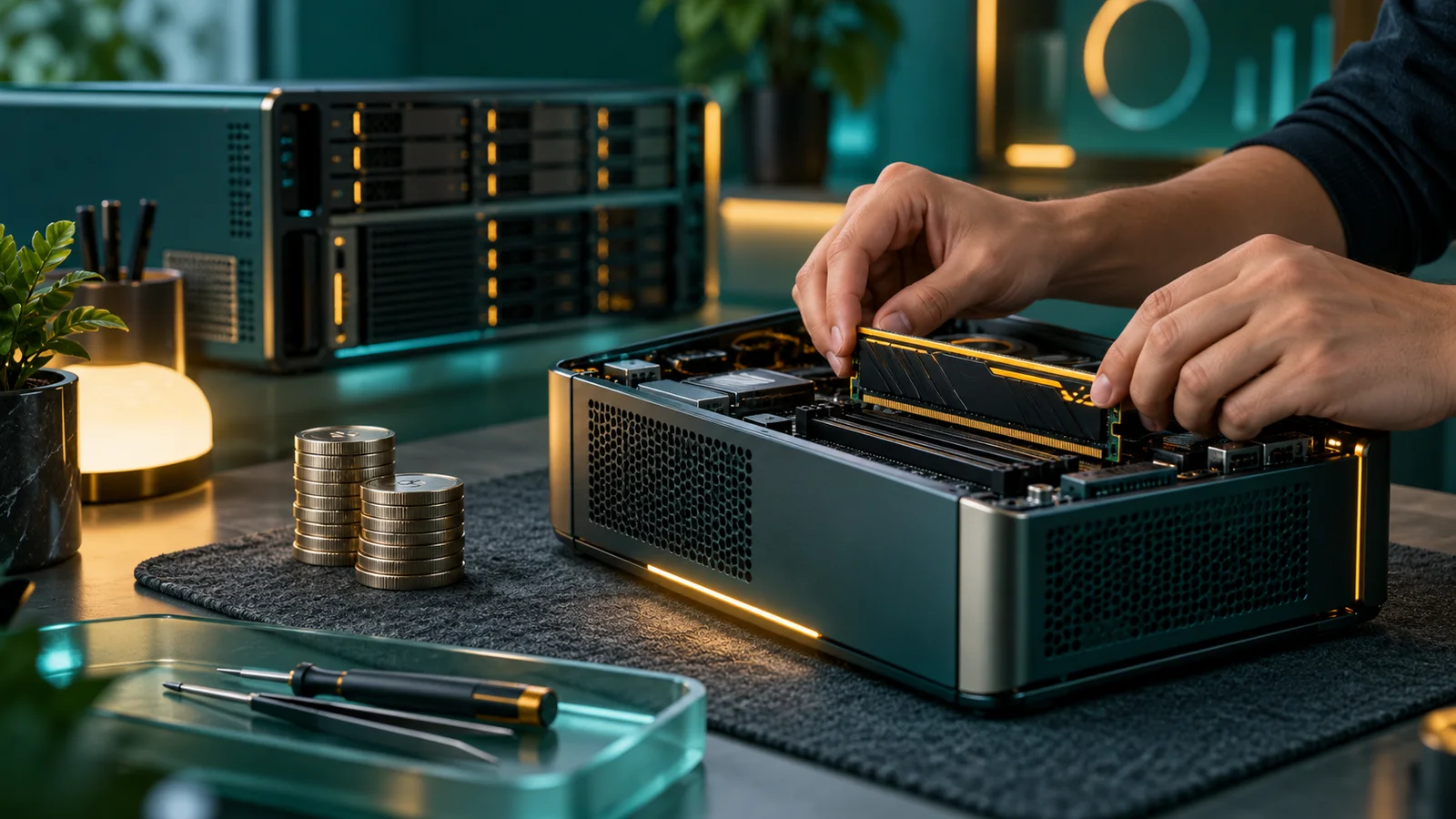 Tangan memasang RAM pada server kecil, dengan tumpukan koin polos dan server lebih besar di meja kerja.