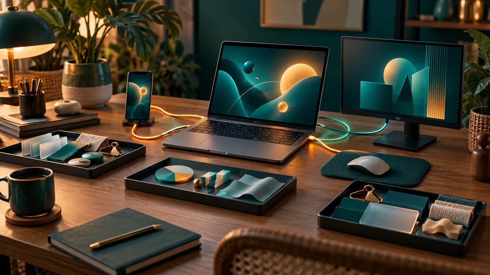 Laptop di meja kerja bercabang kabel ke ponsel, layar kecil, dan baki tugas terpisah.