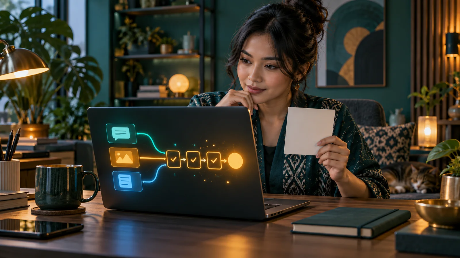 Operator AI memeriksa tiga alur percakapan abstrak yang melewati gerbang persetujuan di layar laptop.