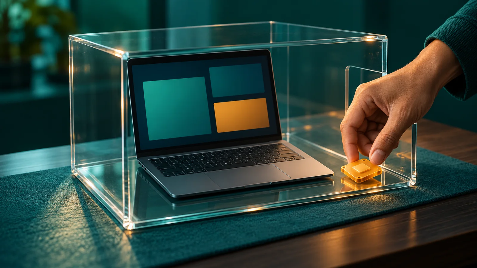 Laptop diuji dalam kotak transparan sebelum pembaruan diterapkan dengan aman.