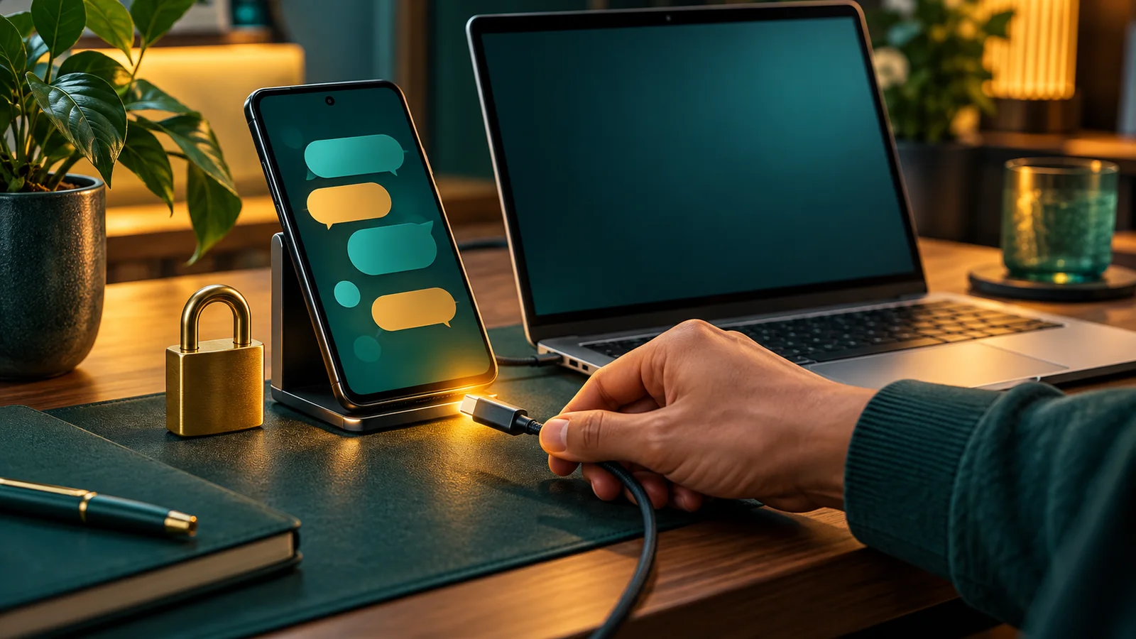 Tangan menyambungkan ponsel dengan gelembung chat abstrak ke laptop, dengan gembok kecil di meja kerja rumah.
