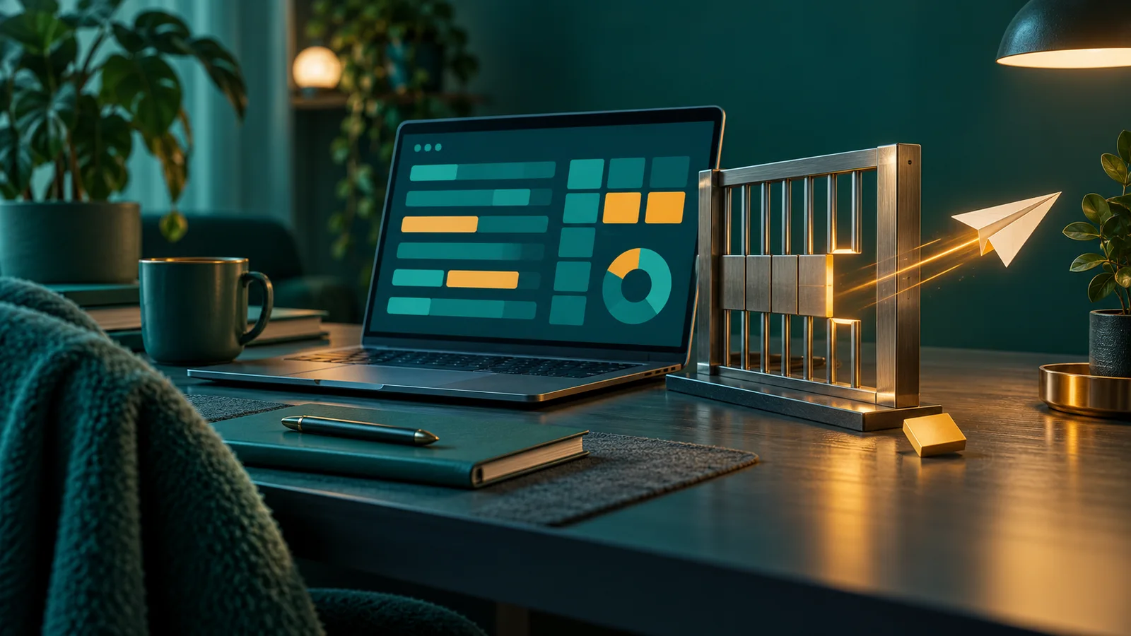 Laptop dengan pengaturan abstrak di samping pagar keamanan yang berlubang, menggambarkan aturan blocklist yang gagal diterapkan.