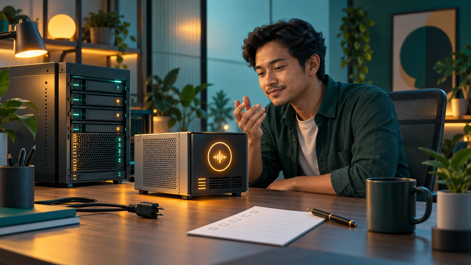 Teknisi menguji modul suara baru pada server terpisah sebelum upgrade produksi.