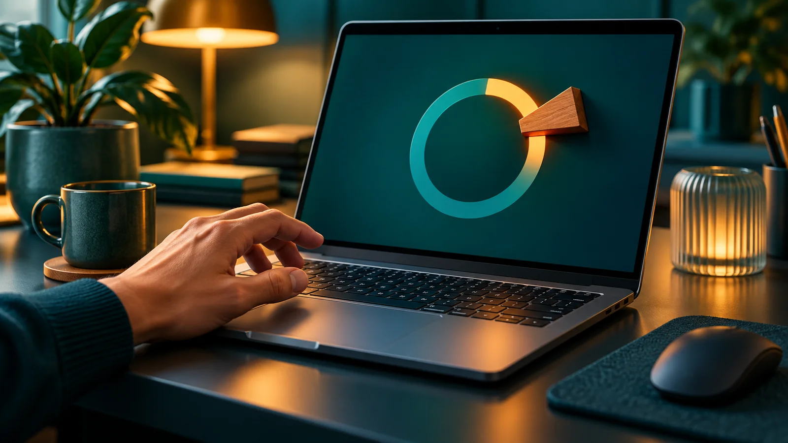 Laptop menampilkan lingkaran progres abstrak yang tersangkut saat pembaruan perangkat lunak.