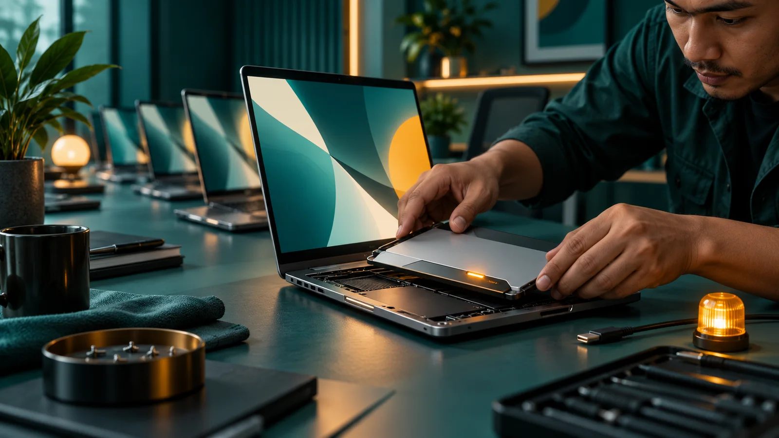 Tangan teknisi memasang modul pelindung pada laptop, dengan perangkat lain menunggu dan satu lampu peringatan menyala