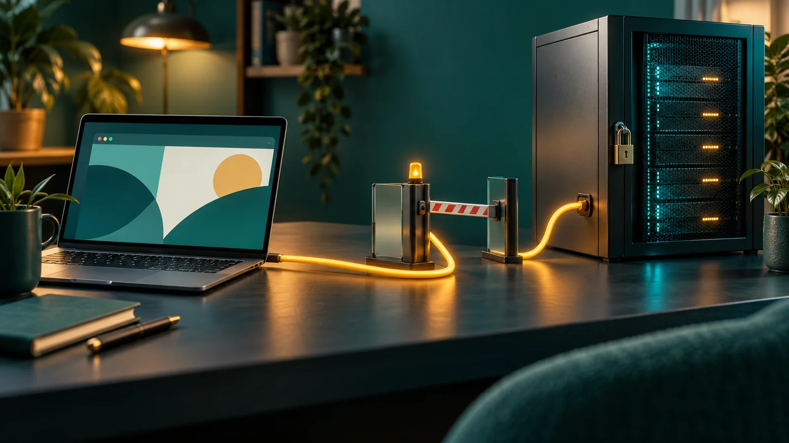 Kabel dari laptop melewati pos pemeriksaan lalu masuk ke lemari server privat yang terkunci.