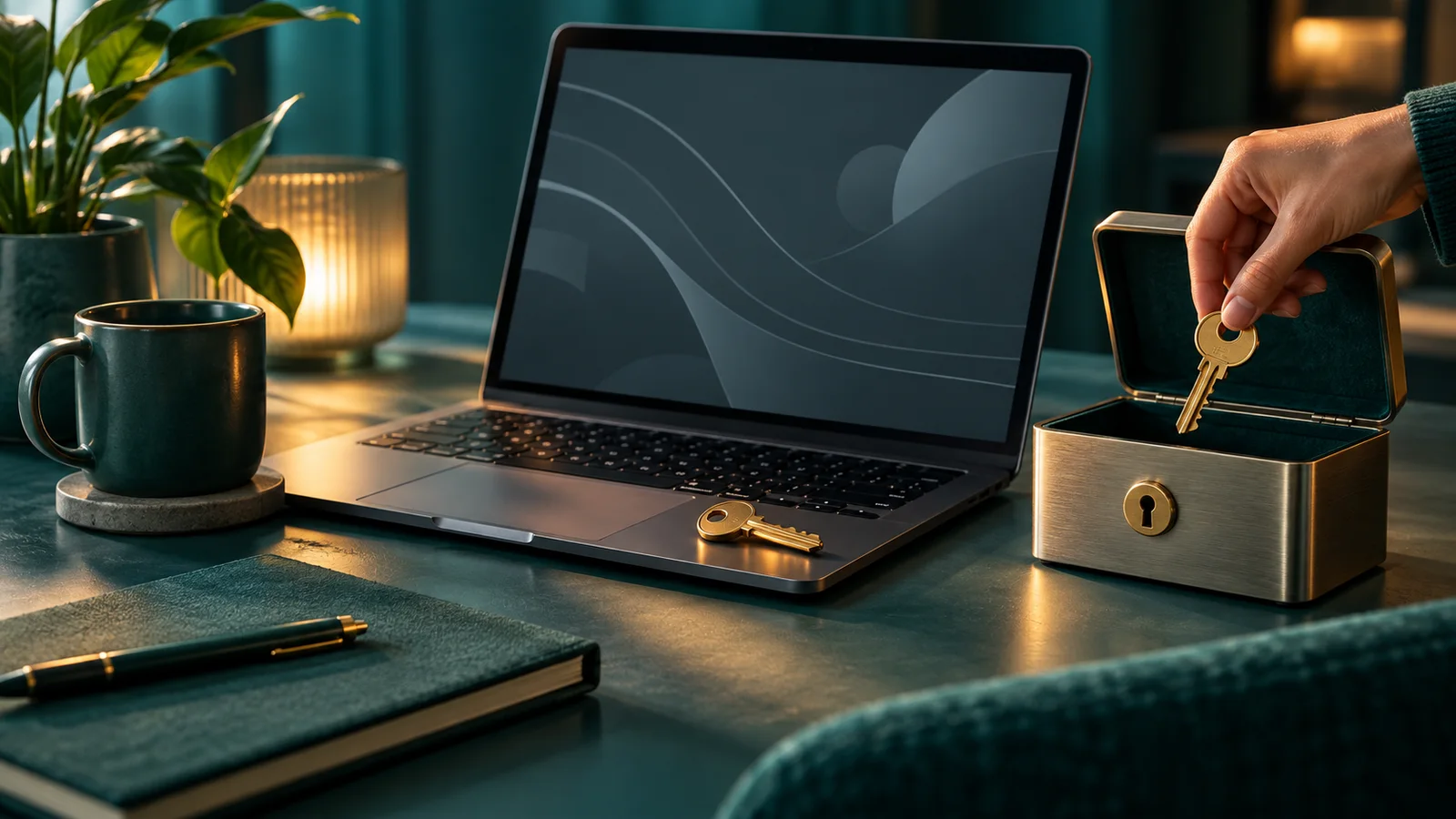 Kunci API terbuka di laptop, sementara tangan menyimpan kunci baru dalam kotak terkunci.