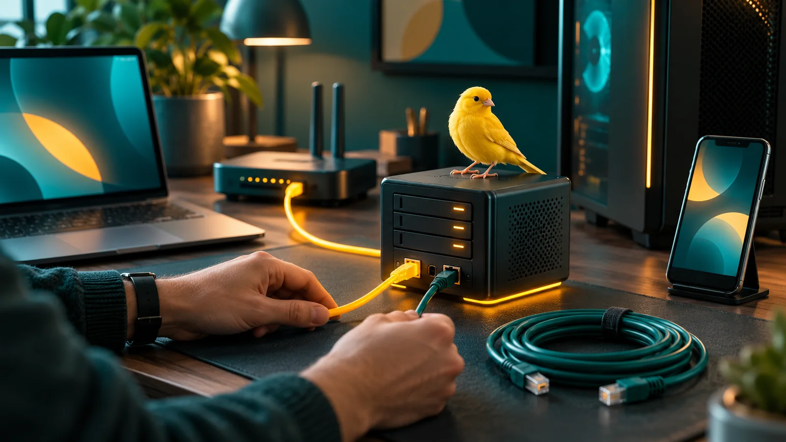 Burung kenari bertengger di server kecil yang diuji terpisah dari laptop, komputer, dan router.