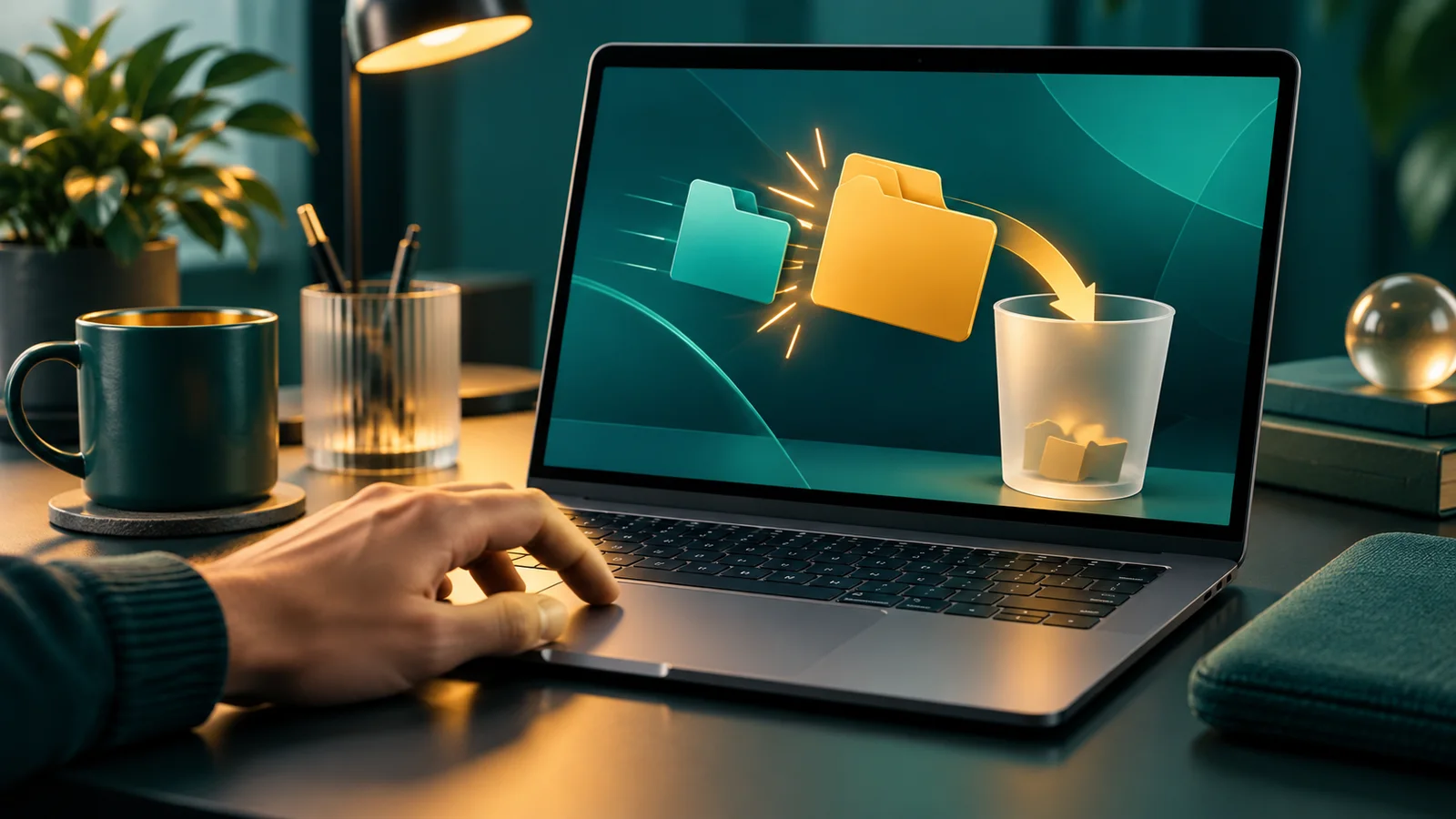 Folder kategori digital terseret ke tempat sampah setelah bertabrakan dengan folder skill duplikat di layar laptop.