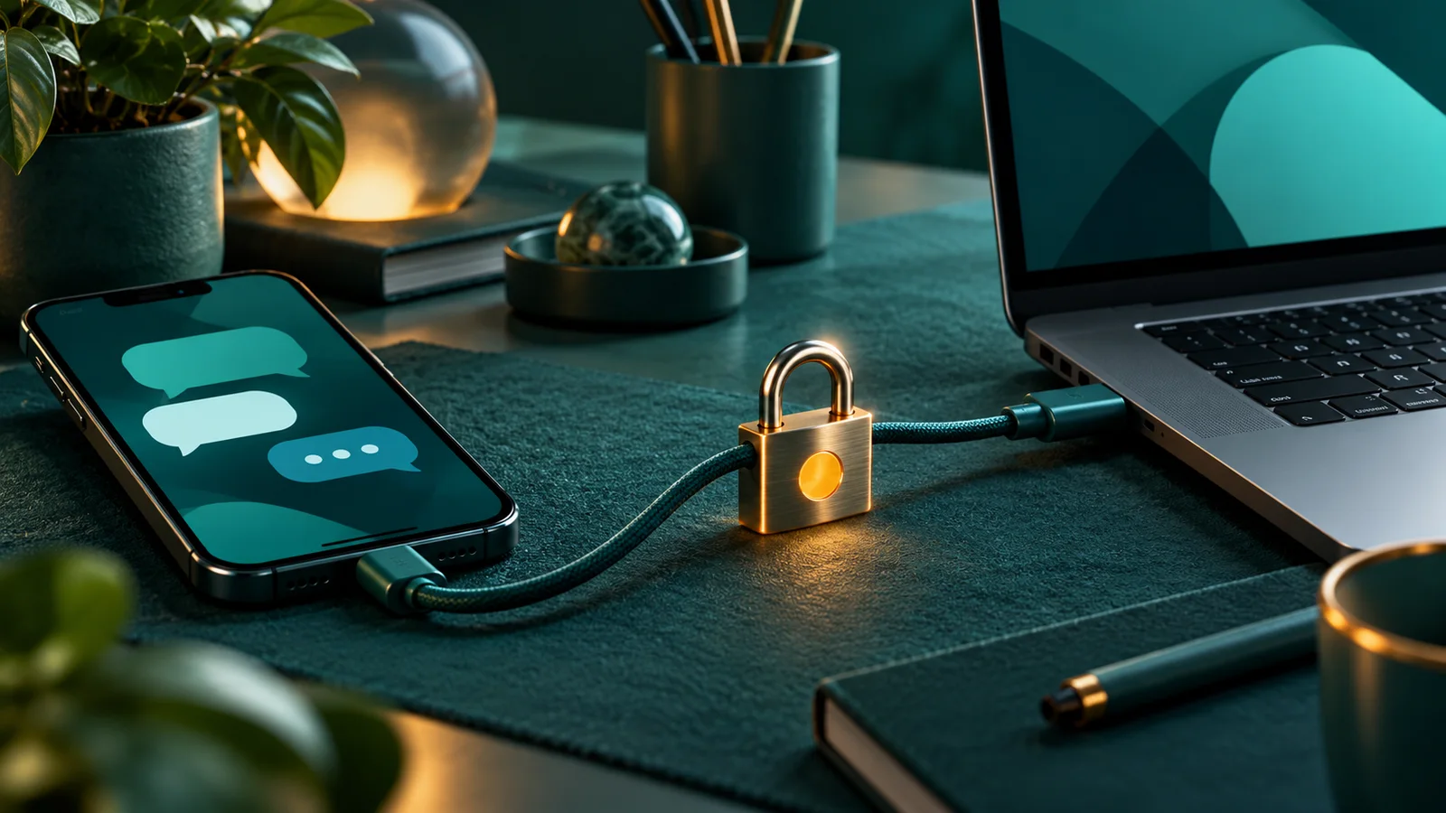 Ponsel dan laptop terhubung kabel yang terkunci, menggambarkan koneksi Telegram yang gagal.