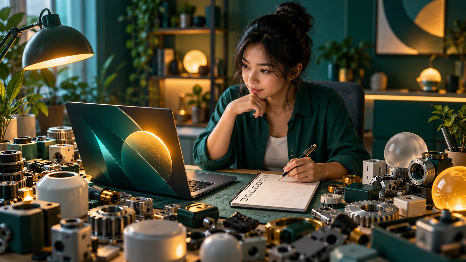 Pemilik usaha menimbang upgrade laptop di tengah tumpukan komponen tanpa label dan daftar periksa kosong.