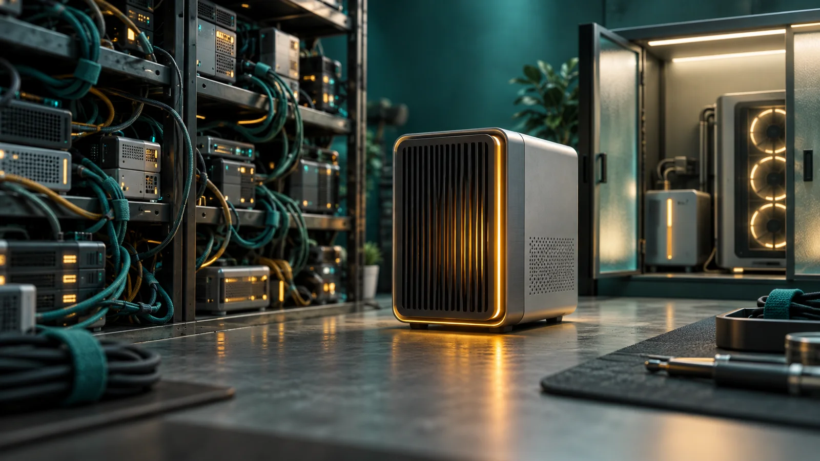 Kotak server di antara rak bersama dan kabinet privat sebagai metafora hosting dan VPS OpenClaw