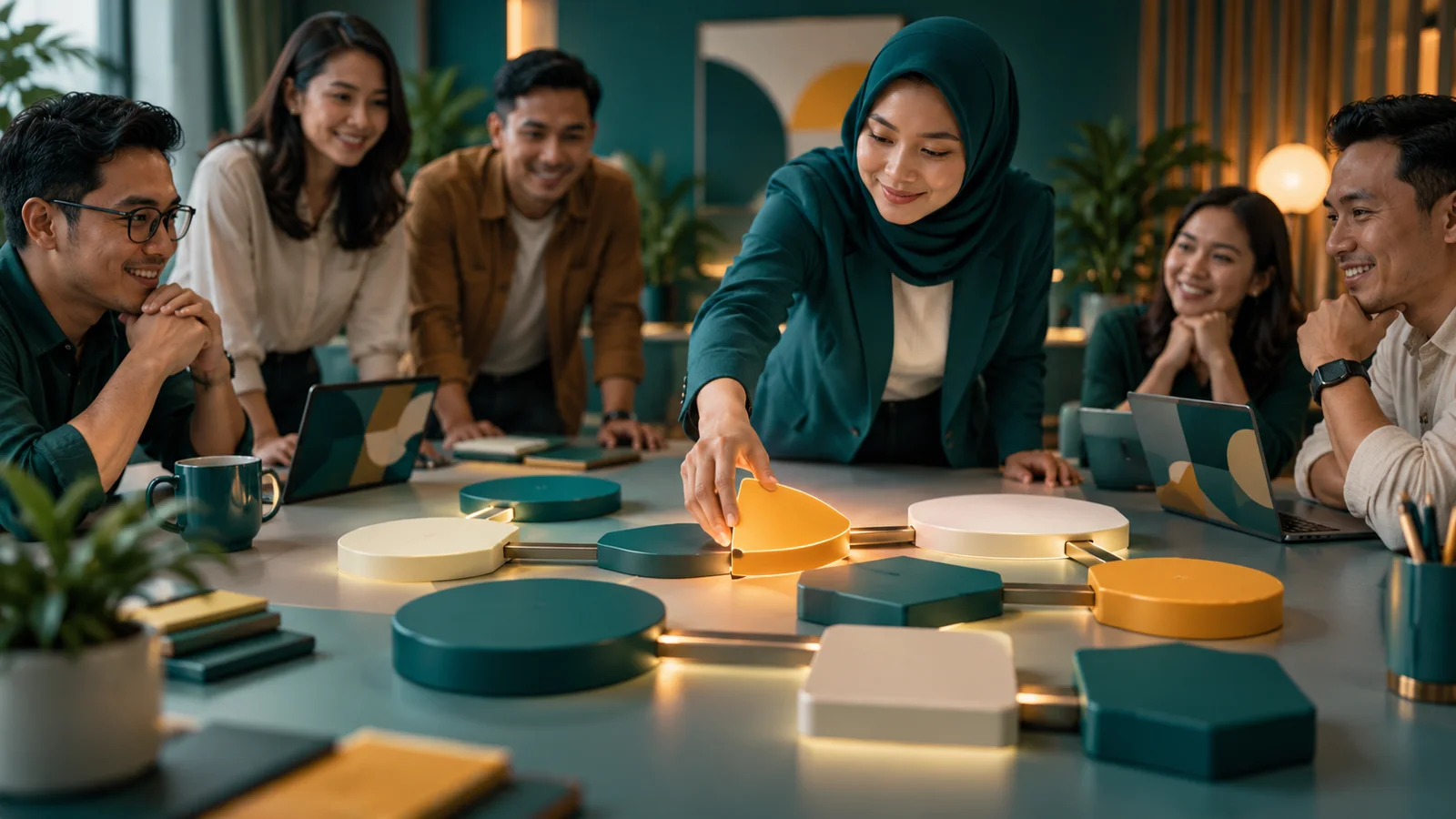 Pelatihan AI internal di ruang kantor, fasilitator memasang potongan alur kerja khusus bersama tim lintas divisi.
