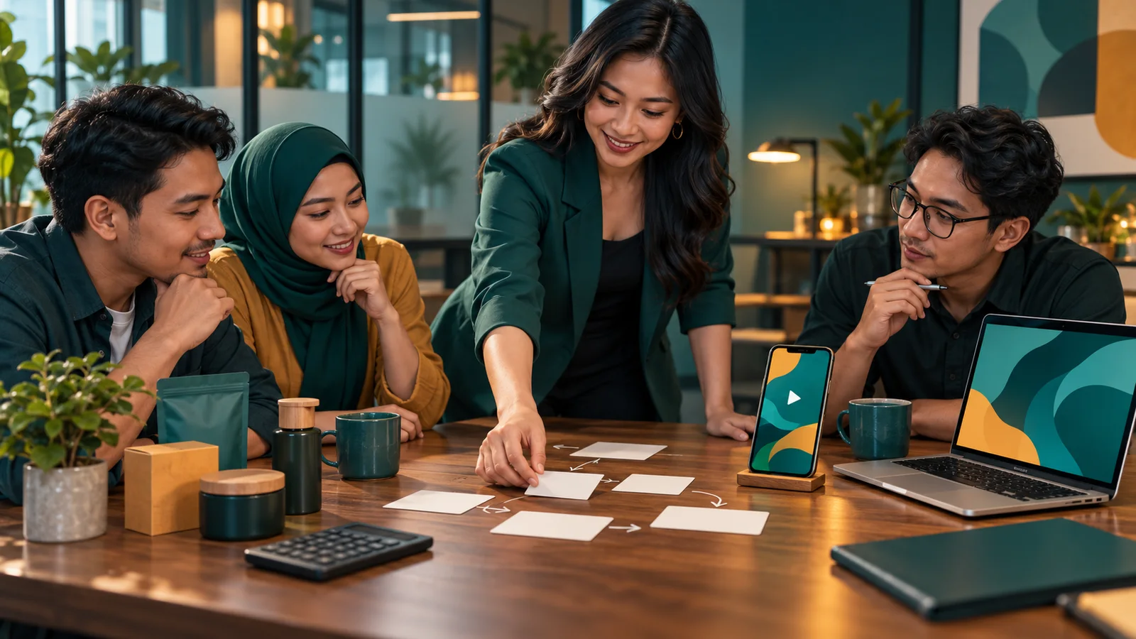 Pelatihan AI tatap muka di kantor membahas alur kerja tim, dengan ponsel menampilkan kelas online abstrak.