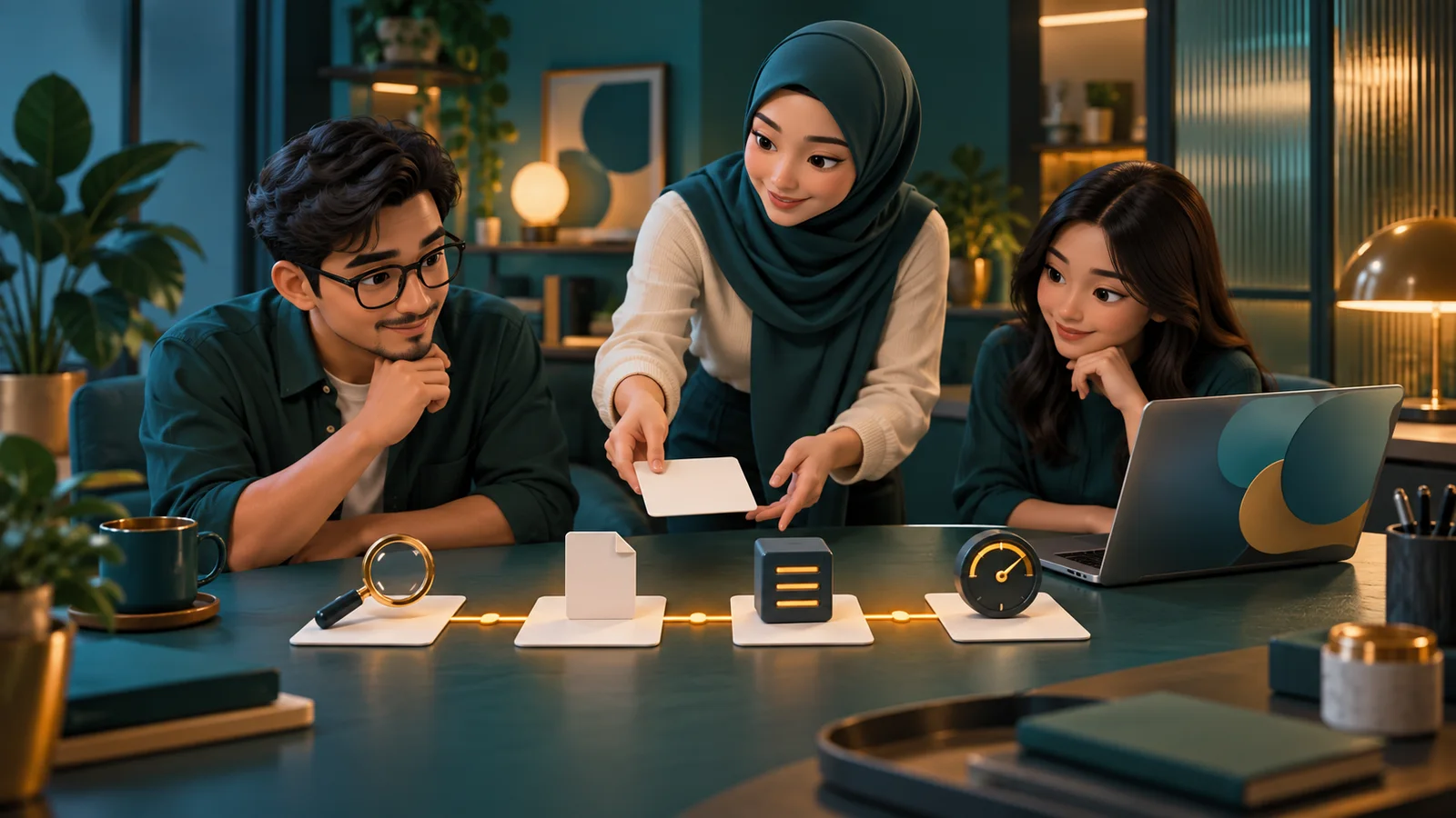 Pelatih marketing membimbing tim menyusun alur kerja SEO dari riset hingga pemantauan.