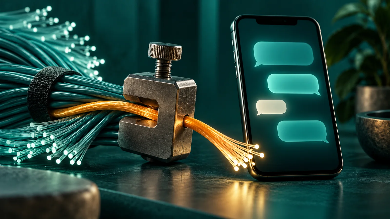 Kabel internet dibelokkan paksa dari ponsel dengan gelembung chat abstrak, menggambarkan pemblokiran dan risiko pembajakan rute jaringan.