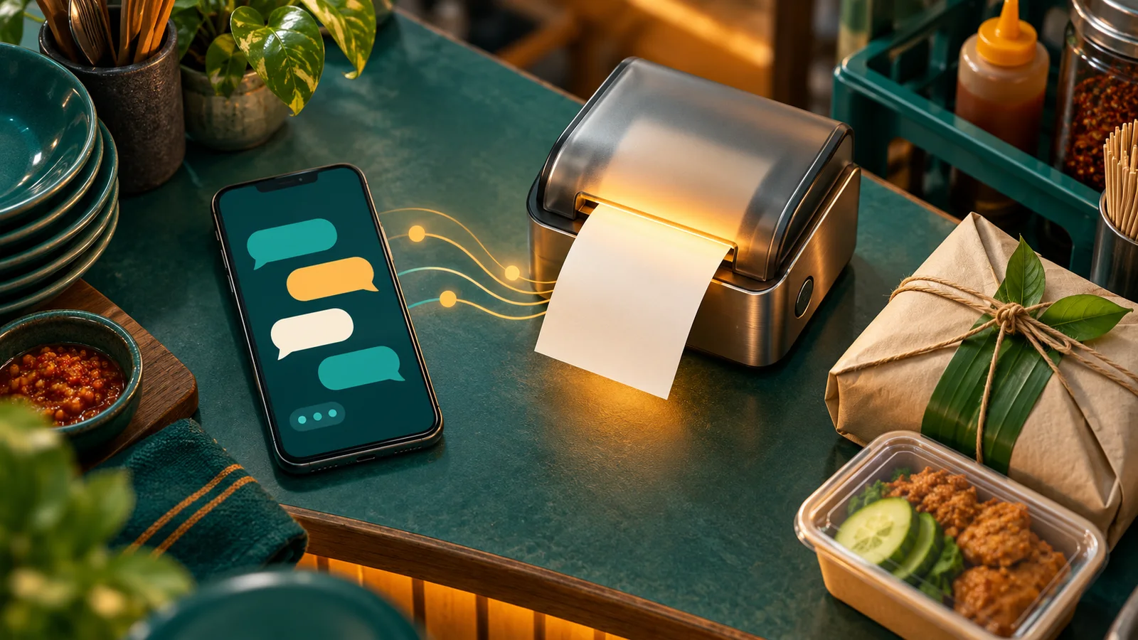 Ponsel dengan gelembung chat abstrak terhubung ke printer yang mengeluarkan invoice kosong di meja warung.