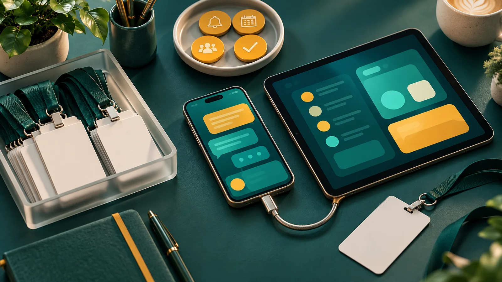 Ponsel terhubung ke tablet dengan lencana peserta dan perlengkapan check-in acara tanpa teks.