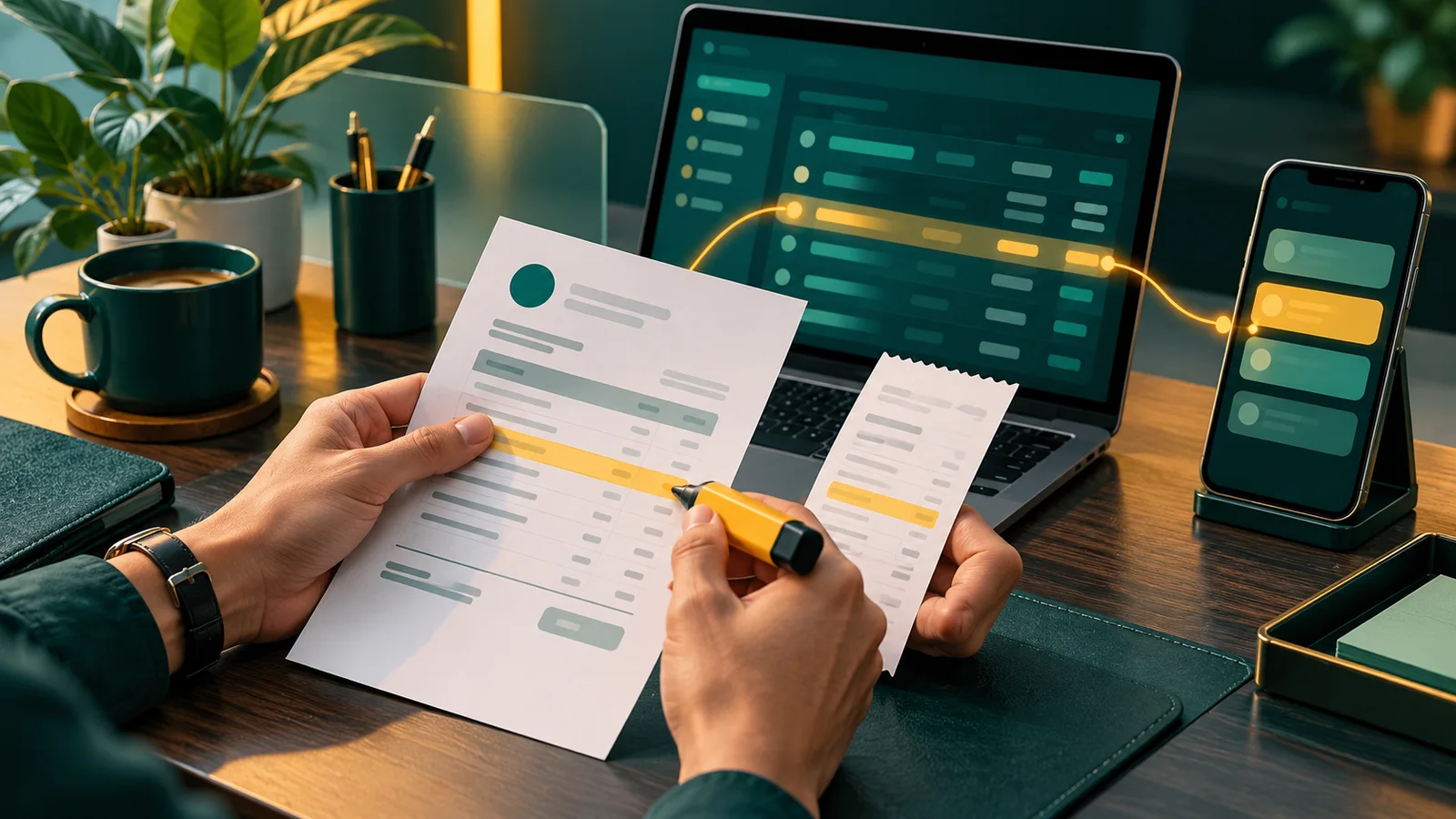 Tangan akuntan mencocokkan invoice dan bukti pembayaran di samping laptop berisi ledger abstrak serta ponsel dengan notifikasi sederhana.